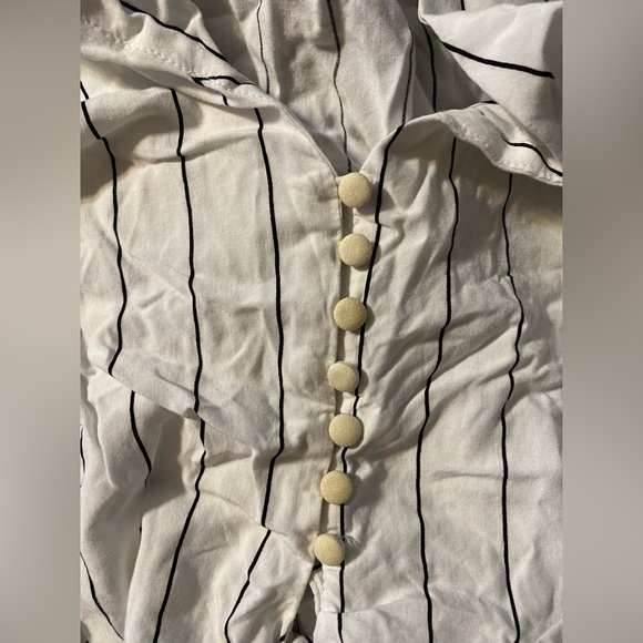 Forever21 F21 White Black Striped Crop Top Cropped V Neck Button Down Shirt Tie - Picture 4 of 5
